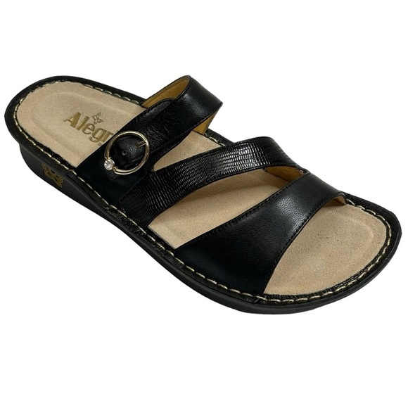 Alegria Black Pebble Leather Reptile Accent Adjust Ankle Strap Gold Buckle Sz 10 - Picture 1 of 14